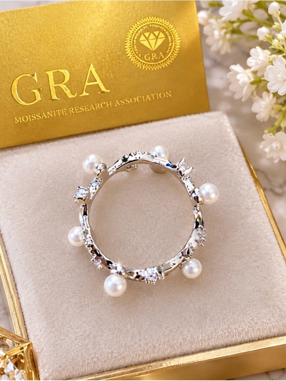 Silver Pearl Accent Moissanite Ring